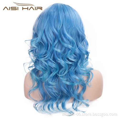 Aisi Hair Heat Resistant Synthetic Fiber Blue Wigs 24 Inch Cosplay Wigs Long Big Wave Cosplay Wigs for Women